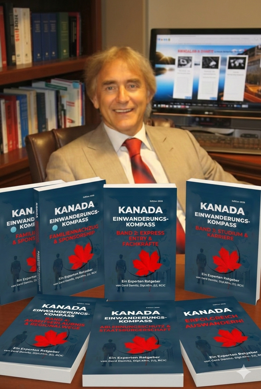 Gerd Damitz mit allen 6 Büchern der Kanada Einwanderungs-Kompass Reihe